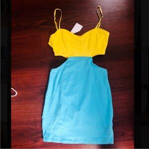 Cut out Yellow baby blue bodycon Charlotte Russe spagetti strap mini dress